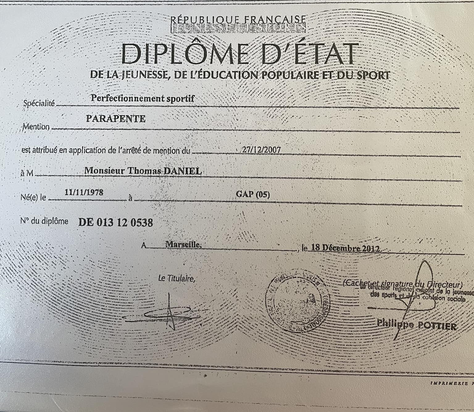 Diplome d'état parapente Thomas Daniel